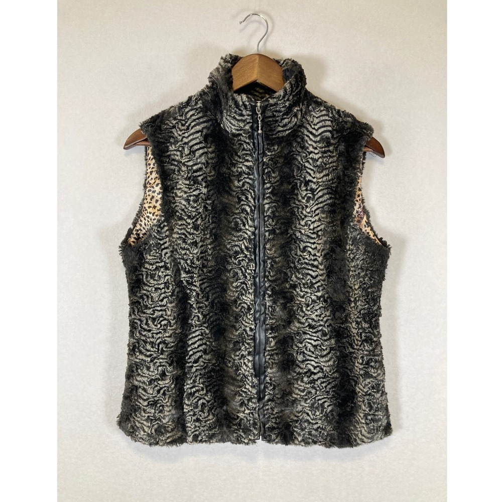 Mob Wife Erin London Women S Grey Wavy Faux Fur Zip Up Vest Leopard Lining